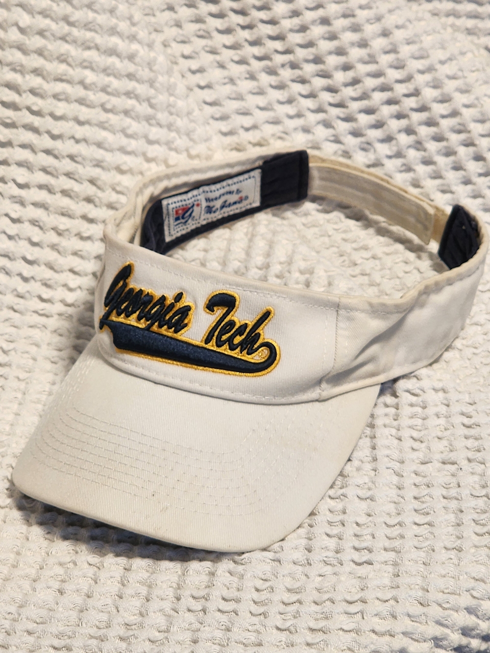 White Visor with Navy & Gold Script
